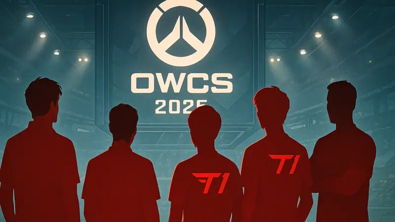 Игроки киберспортивной команды T1 Overwatch на фоне логотипа OWCS 2026.