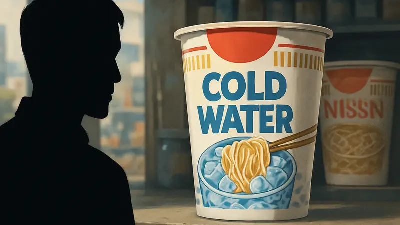 Чашка лапши Nissin с надписью "Cold Water" и изображением охлажденной лапши, символизирующей инновацию.