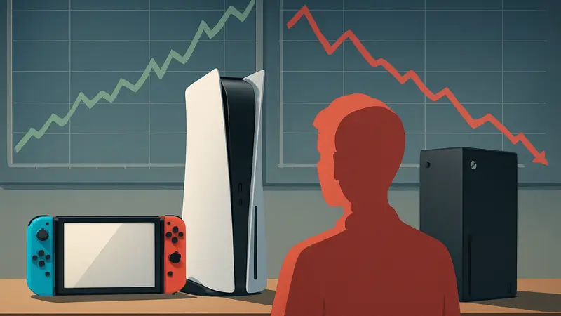 Изображение консолей Nintendo Switch 2, PlayStation 5 и Xbox Series X рядом с графиками продаж, показывающими контраст.