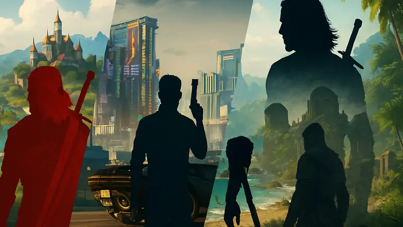 Коллаж из обложек лучших игр с открытым миром и безупречным сюжетом, таких как The Witcher 3 и Cyberpunk 2077.