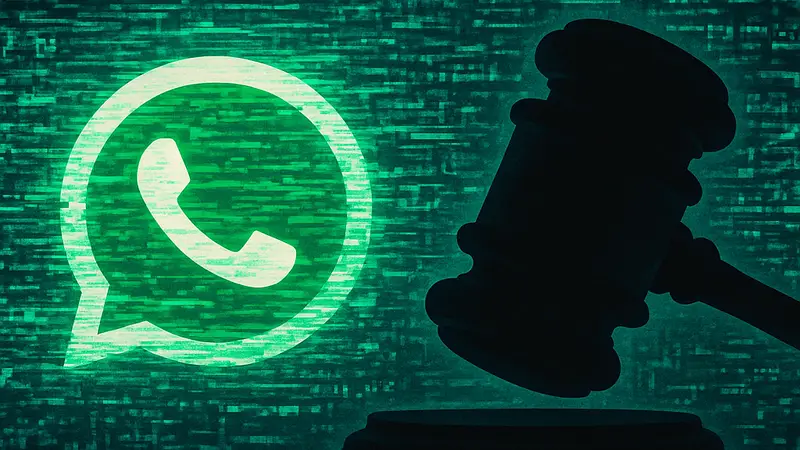 Логотип WhatsApp на фоне искаженного кода или зашифрованных данных, символизирующий судебные претензии к Meta.