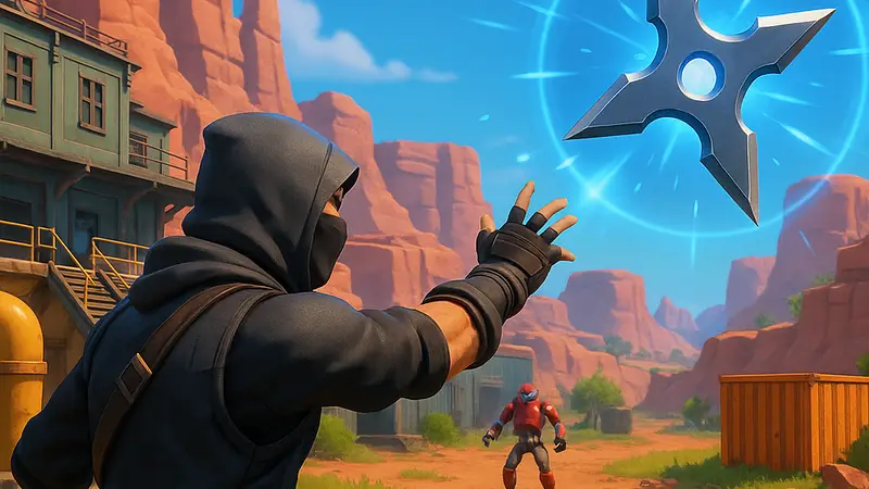 Игровой скриншот Fortnite, на котором персонаж использует Звезду ниндзя во время квеста Кенни.