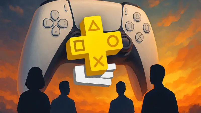Логотип PlayStation Plus Extra на фоне игрового контроллера DualSense и ярких цветов