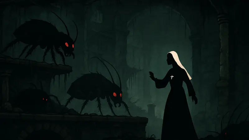 Скриншот из 2D-платформера Metamorphosis с монахиней и жуткими тараканами в мрачной обстановке