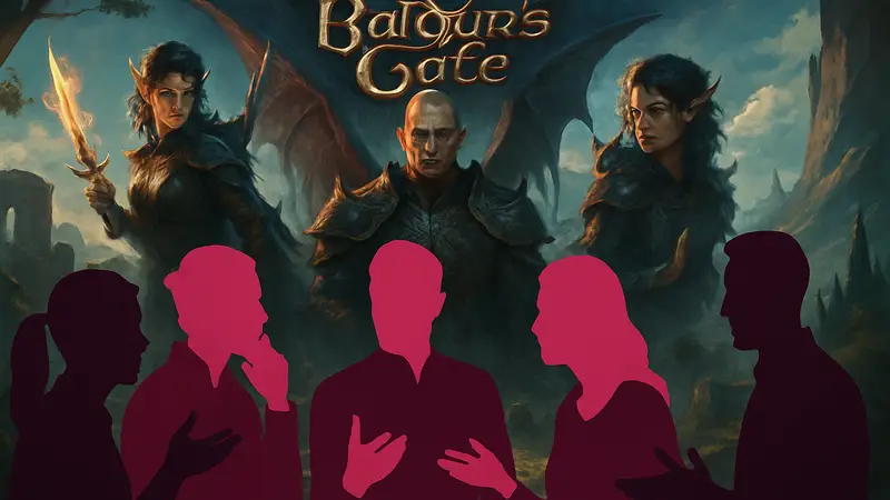 Обложка Baldur's Gate 3 с персонажами, обсуждающими сюжет и критику его сценария.