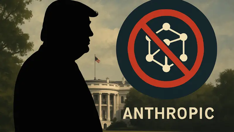 Президент Трамп и логотип Anthropic, символизирующий запрет ИИ-сервисов.