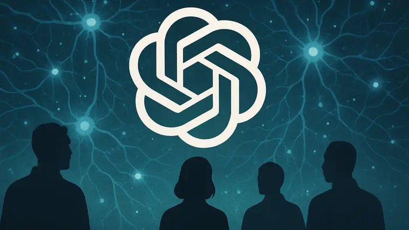 Логотип OpenAI на фоне нейронной сети или символов искусственного интеллекта.