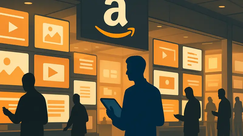 Маркетплейс Amazon для продажи медиаконтента ИИ-компаниям, символизирующий цифровую торговлю.
