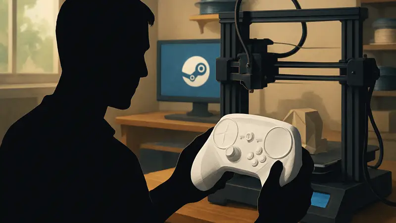 Игрок держит в руках самостоятельно напечатанный на 3D-принтере Steam Controller.