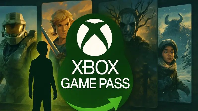 Логотип Xbox Game Pass на фоне новых игр, обложки