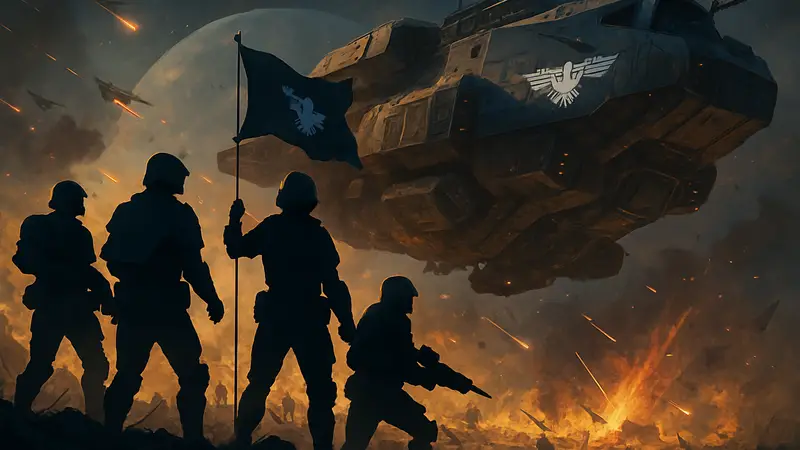 Изображение Helldivers 2 с космическим кораблем и солдатами на фоне битвы за демократию.