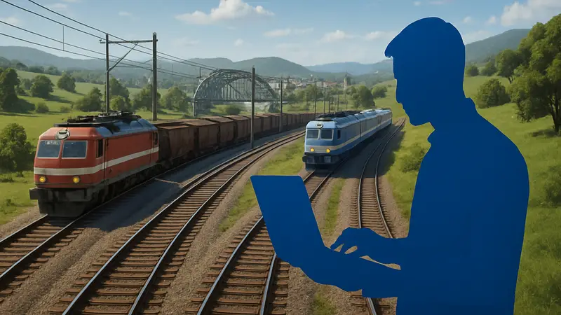 Скриншот из Transport Fever 3 с железнодорожными путями и поездами, с намёком на модификации и пользовательский контент.