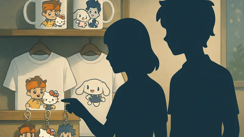 Герои Sanrio и Inazuma Eleven на совместном мерче: кружки, футболки, брелоки.