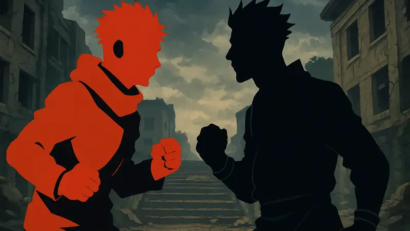 Юдзи Итадори и Рёмен Сукуна из аниме Jujutsu Kaisen, стоящие друг напротив друга в битве.
