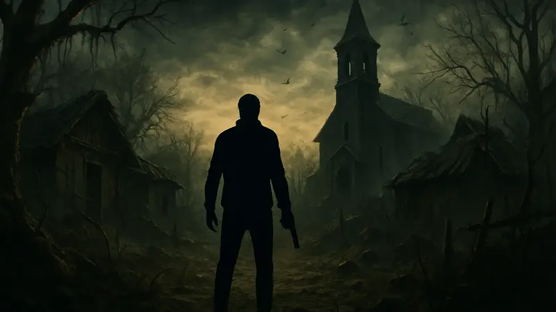 Логотип Resident Evil Requiem на фоне жуткой атмосферы игры