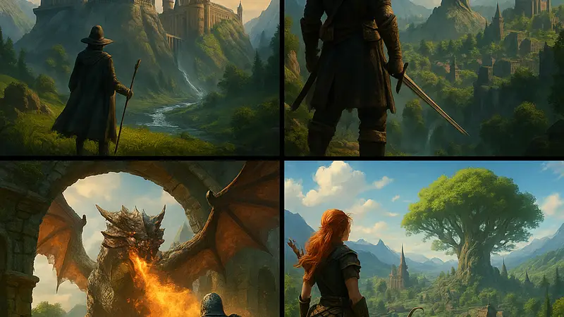 Коллаж из скриншотов различных фэнтезийных миров грядущих RPG с открытым миром.