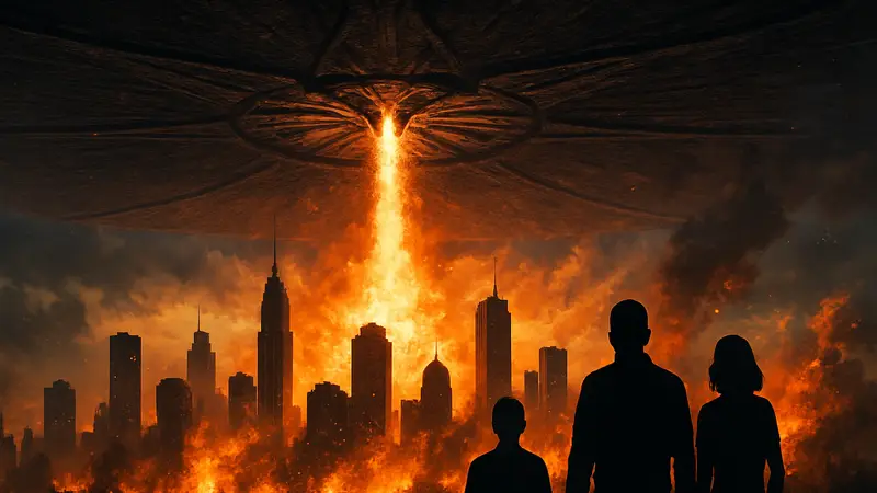 Постер фильма «День независимости» 1996 года с инопланетным кораблем над городом. Яркие взрывы и драматичная атмосфера.
