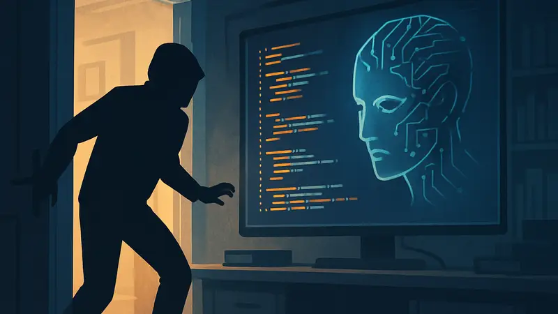 Изображение, символизирующее искусственный интеллект, проникающий в код или открытый репозиторий, бэкдор.