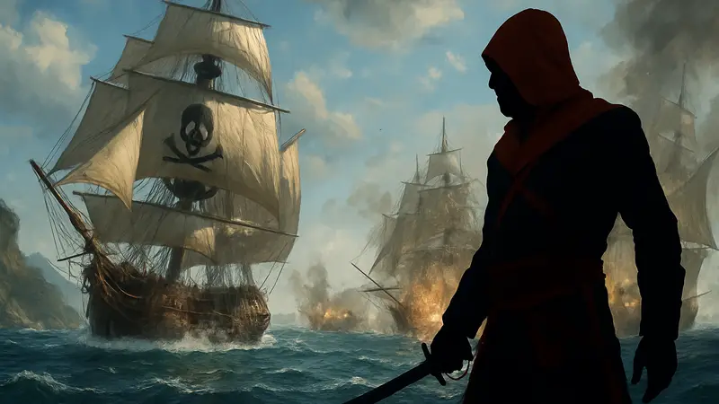 Скриншот из ремейка Assassin's Creed Black Flag с пиратским кораблём и морским сражением