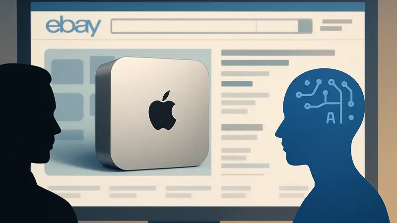 Mac mini и искусственный интеллект на фоне интерфейса eBay