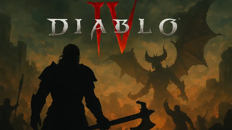 Логотип Diablo 4 на фоне персонажа или боевой сцены
