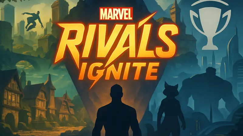 Логотип Marvel Rivals Ignite на фоне игровых карт и символики киберспорта.