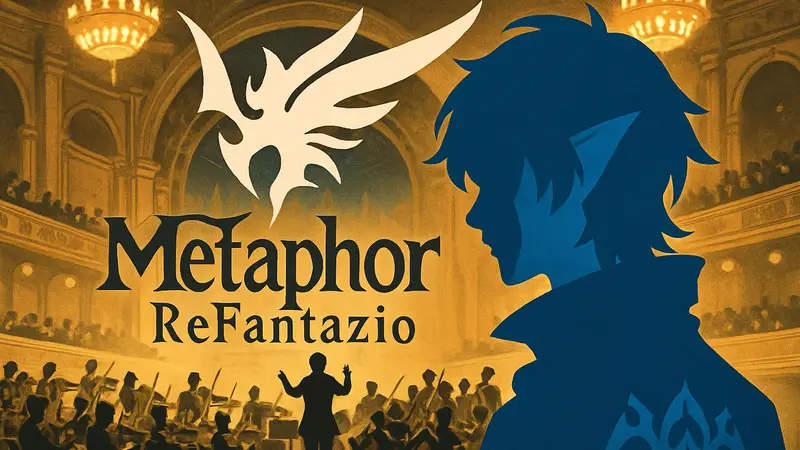 Афиша концерта Metaphor: ReFantazio Orchestra Concert с символикой игры и изображением оркестра.