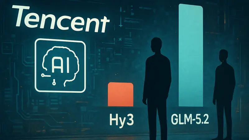 Логотип Tencent и символы ИИ, сравнение моделей Hy3 и GLM-5.2