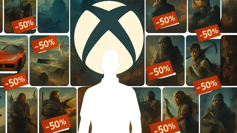 Логотип Xbox на фоне множества обложек игр со скидками, символизирующих распродажу игр.