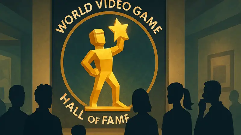 Логотип World Video Game Hall of Fame с золотой статуэткой, символизирующий признание культовых видеоигр.