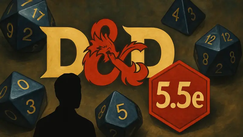 Логотип Dungeons & Dragons и значок «5.5e» на фоне игральных костей.