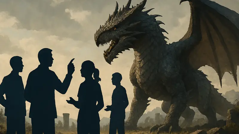 Дракон из игры Crimson Desert, на фоне которого видны игроки, обсуждающие нововведения.