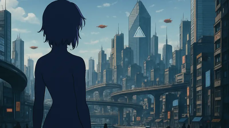 Кадр из первого трейлера аниме The Ghost in the Shell от студии Science Saru, футуристический город.