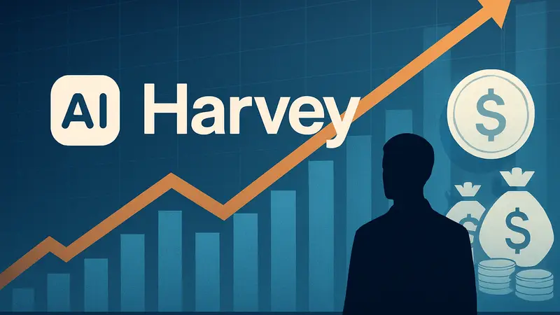 Логотип AI-стартапа Harvey на фоне графиков роста и символов инвестиций, представляющих миллиардную оценку.