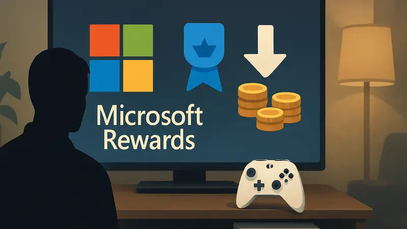 Логотип Microsoft Rewards на фоне игровой консоли Xbox, символизирующий снижение баллов в программе.