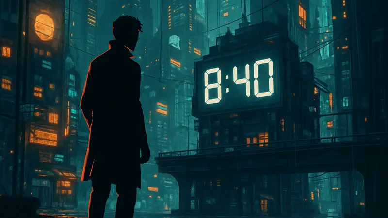 Обложка игры Replaced с футуристическим неоновым городом и главным героем, показывающая время прохождения.