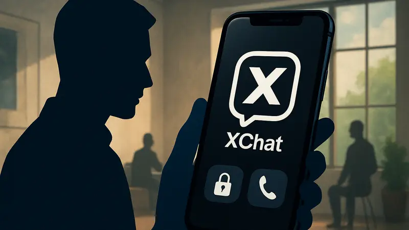 Логотип XChat на экране iPhone, демонстрирующий функции приватных сообщений и звонков.