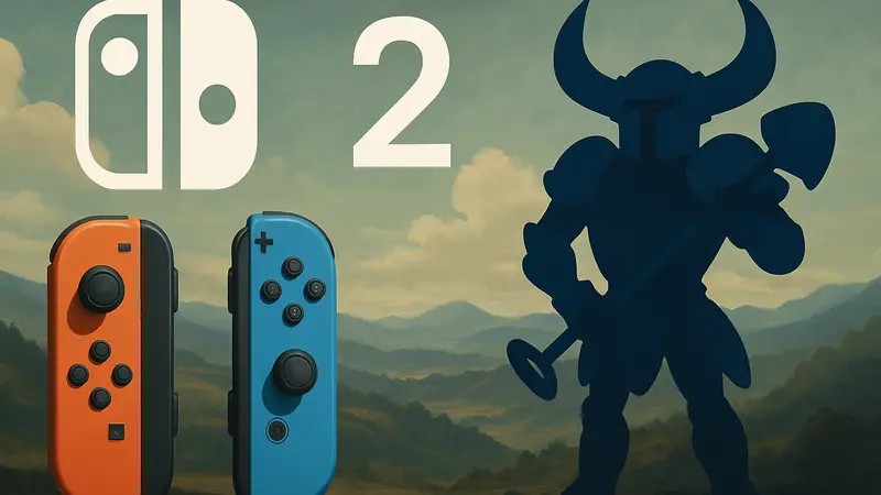 Логотипы Nintendo Switch и Switch 2, рядом контроллеры Joy-Con и изображение персонажа из игры Shovel Knight.