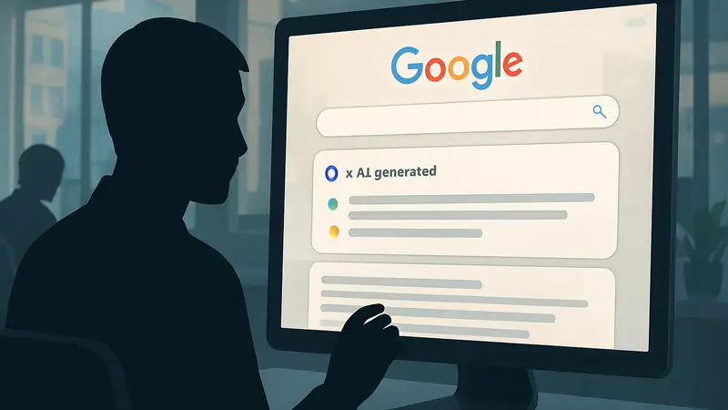 Интерфейс Google AI Overviews с результатами поиска, сгенерированными ИИ, на экране смартфона или компьютера.