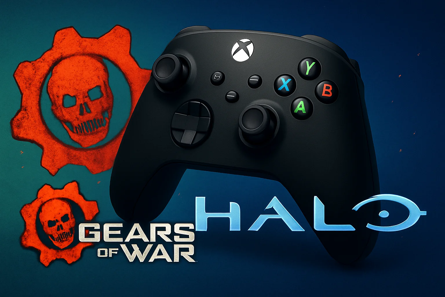 Игровые логотипы Gears of War и Halo на фоне контроллера Xbox Series X. Новые релизы.