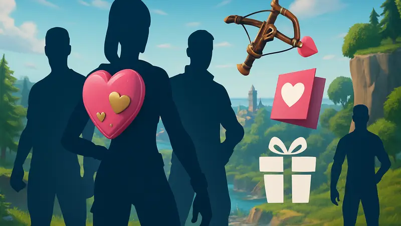 Изображение с наградами ивента "Любовь и Легенды" из игры Fortnite, включая украшение Heartie Back Bling.