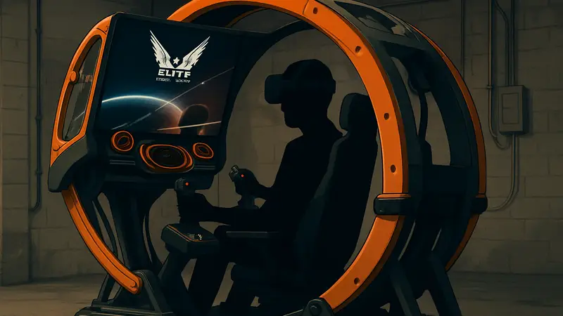 Игровой симулятор Elite Dangerous с элементами VR-аттракционов, созданный фанатом. Кабина, рули, экран VR.
