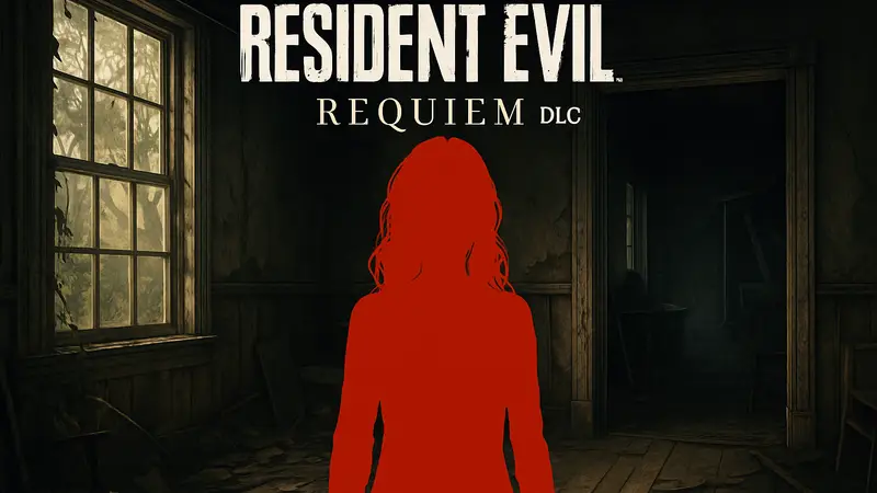 Персонаж Грейс из Resident Evil 7, логотип Resident Evil Requiem DLC, кадр из игры.