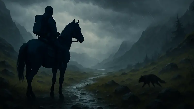 Кадр геймплея The Legend of Khiimori с лошадью и мрачным пейзажем