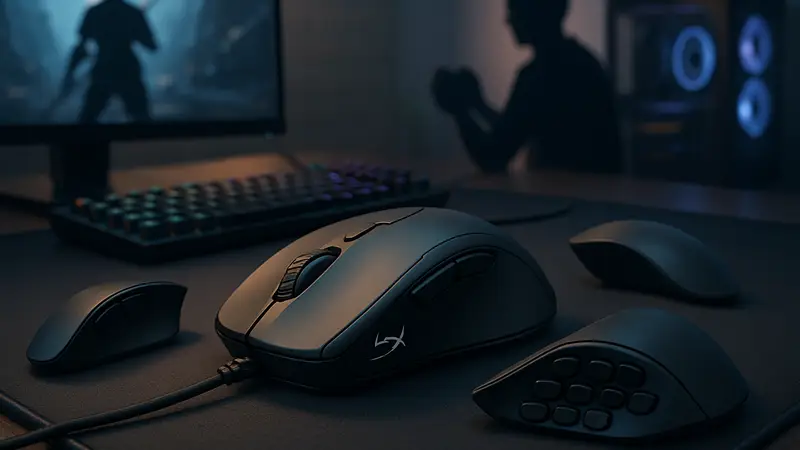 Игровая мышь HyperX Pulsefire Saga с демонстрацией модульных частей на игровом столе, крупный план.