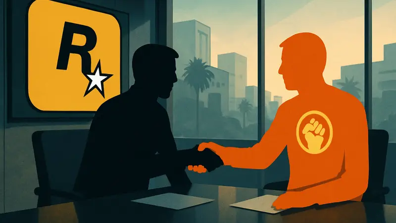 Логотип Rockstar Games и профсоюзных организаций, символизирующий переговоры по условиям труда