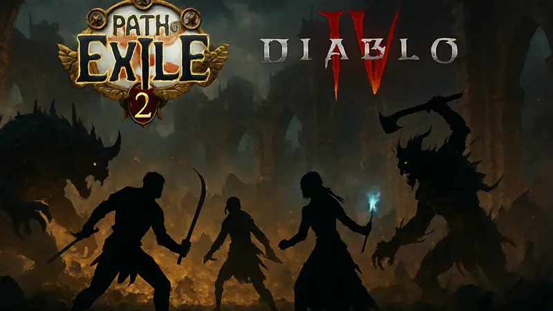Герои Path of Exile 2 сражаются с монстрами, логотип PoE 2 и Diablo 4.