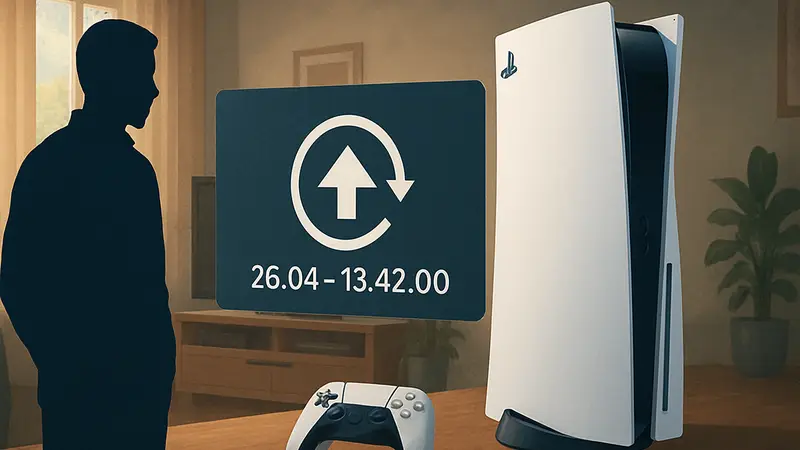 Изображение консоли PlayStation 5 с графическим элементом обновления прошивки версии 26.04-13.42.00.