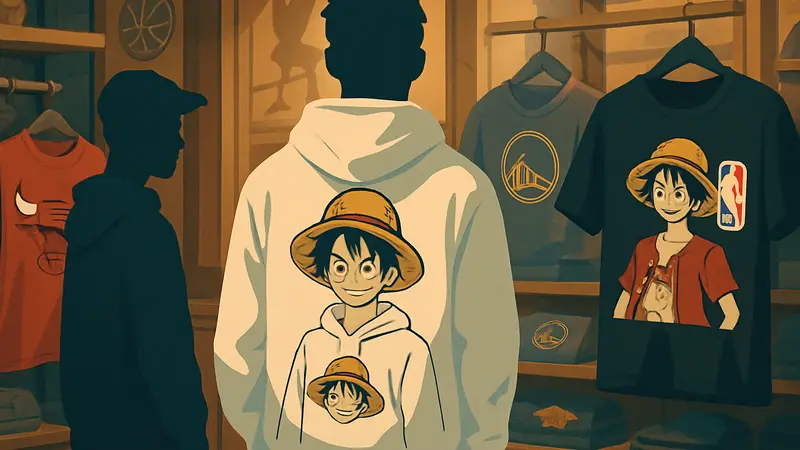 Одежда из коллаборации One Piece и NBA с изображениями Луффи и логотипами команд