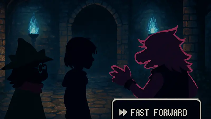 Игровой скриншот Deltarune с персонажами, активно участвующими в диалоге, и интерфейсом пропуска